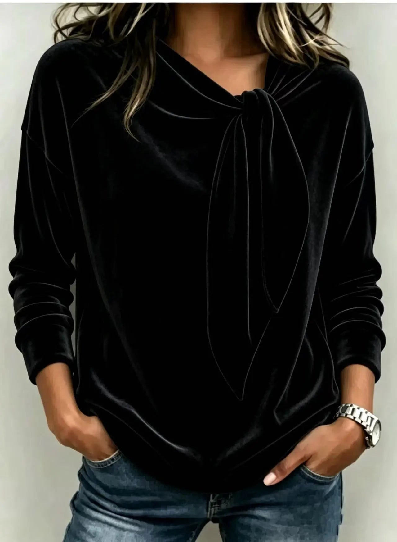 Women's Solid Color Long Sleeve Bow Top | Loose Fit Scarf Collar Pullover – 6 Colors, S–XXL Next Gen Luxe Solutions