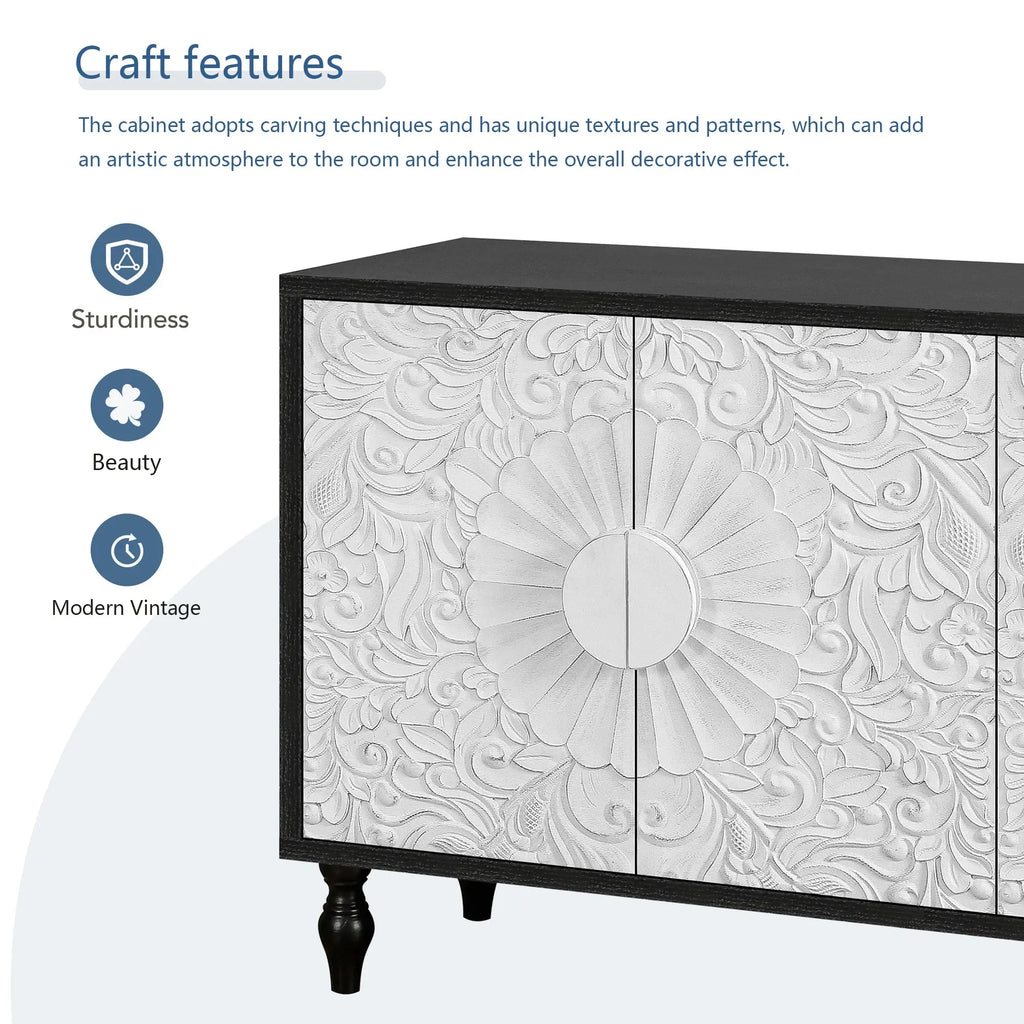 Vintage White Faceted Carved Cabinet – Black Frame TV Stand, Sideboard & Accent Cabinet Next Gen Luxe Solutions