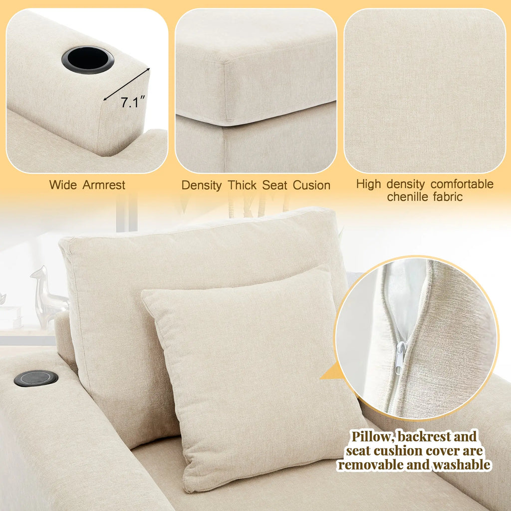 39.7" Oversized Chenille Chaise Lounger | Built-In Charge Station, Cup Holder, Pillows, Washable Covers – Cream, 330 lb Capacity Next Gen Luxe Solutions
