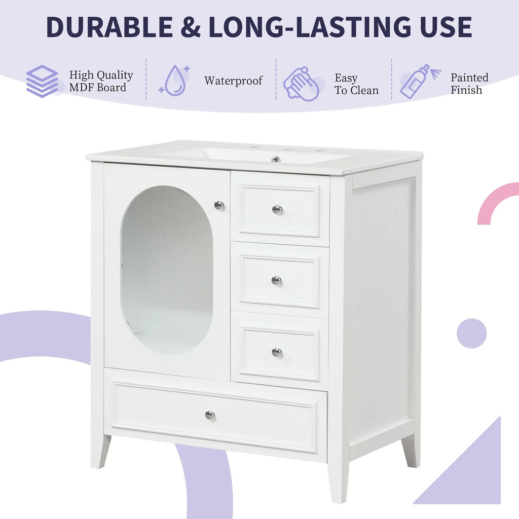 30" Bathroom Vanity with Sink | Solid Wood & MDF, 4 Drawers, Oval Fluted Glass Door, Ceramic Sink, White – Freestanding Next Gen Luxe Solutions
