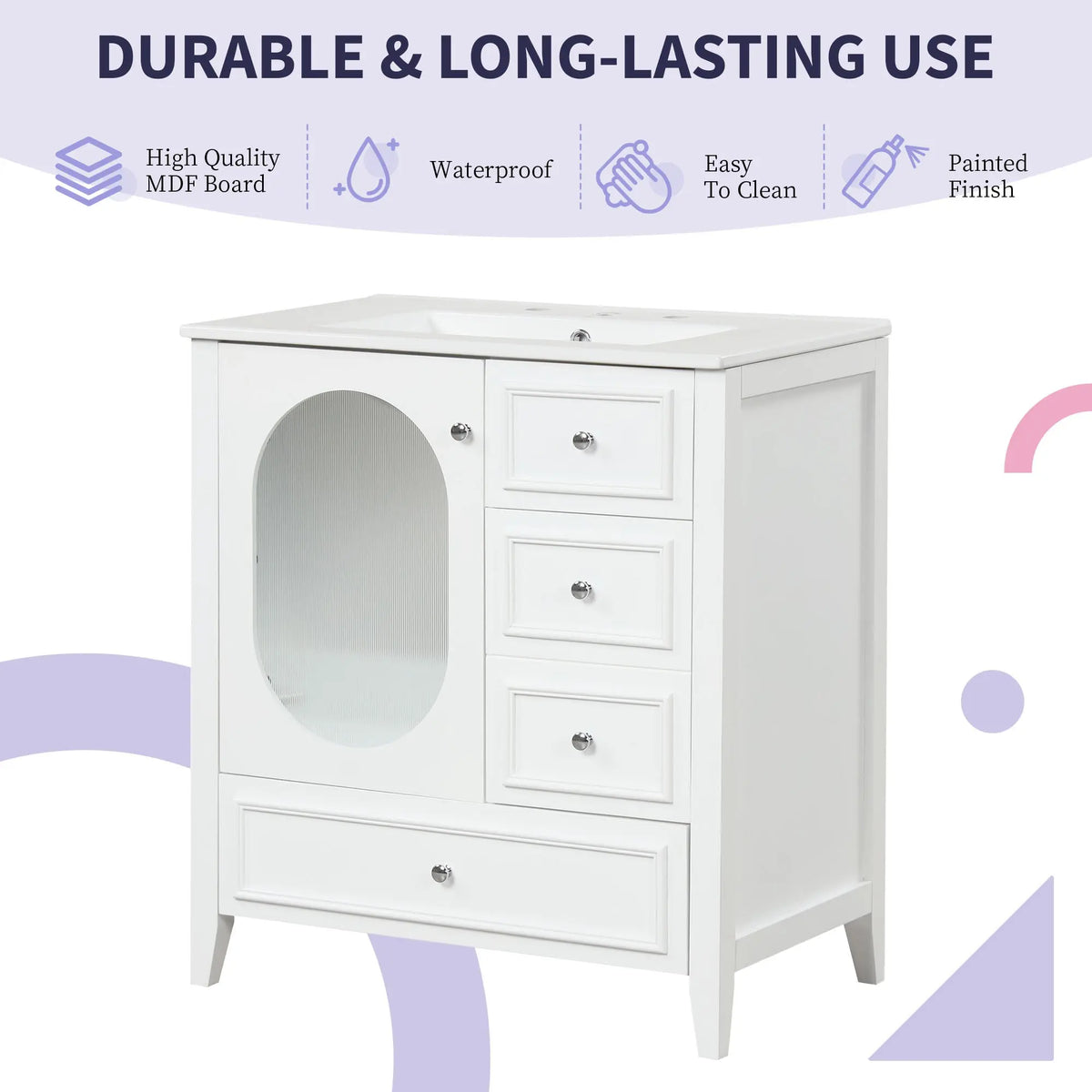 30" Bathroom Vanity with Sink | Solid Wood & MDF, 4 Drawers, Oval Fluted Glass Door, Ceramic Sink, White – Freestanding Next Gen Luxe Solutions