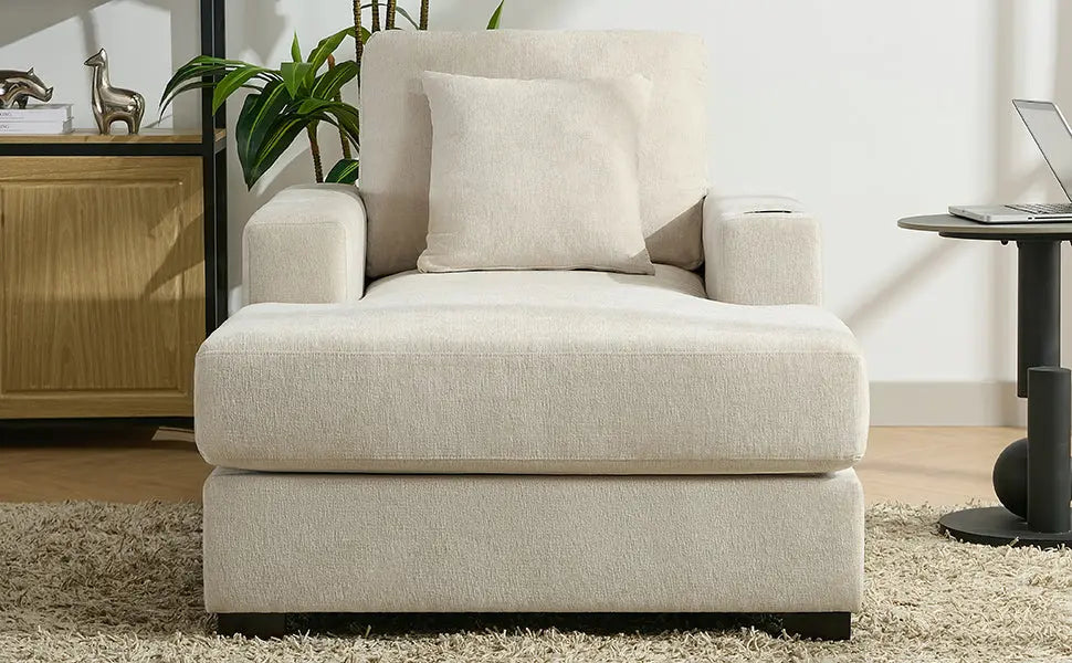 39.7" Oversized Chenille Chaise Lounger | Built-In Charge Station, Cup Holder, Pillows, Washable Covers – Cream, 330 lb Capacity Next Gen Luxe Solutions