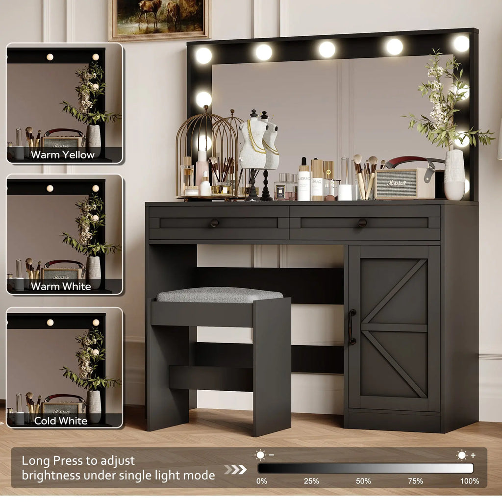 Makeup Vanity Desk with Cabinet Doors & Organized Storage – Eco-Friendly MDF, Black Next Gen Luxe Solutions