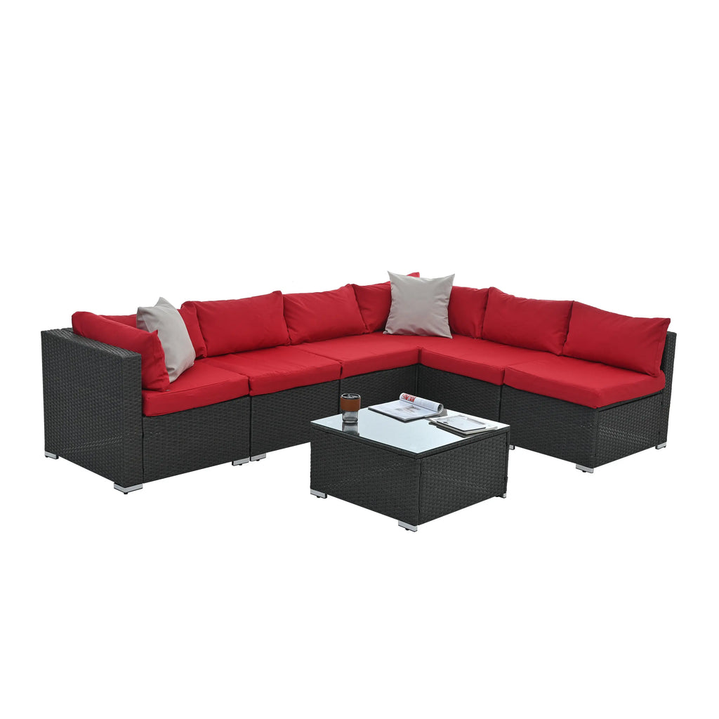 7-Piece Outdoor Patio Furniture Set | PE Wicker Sectional Sofa with Tempered Glass Table, Cushions & Pillows – Dark Gray Next Gen Luxe Solutions