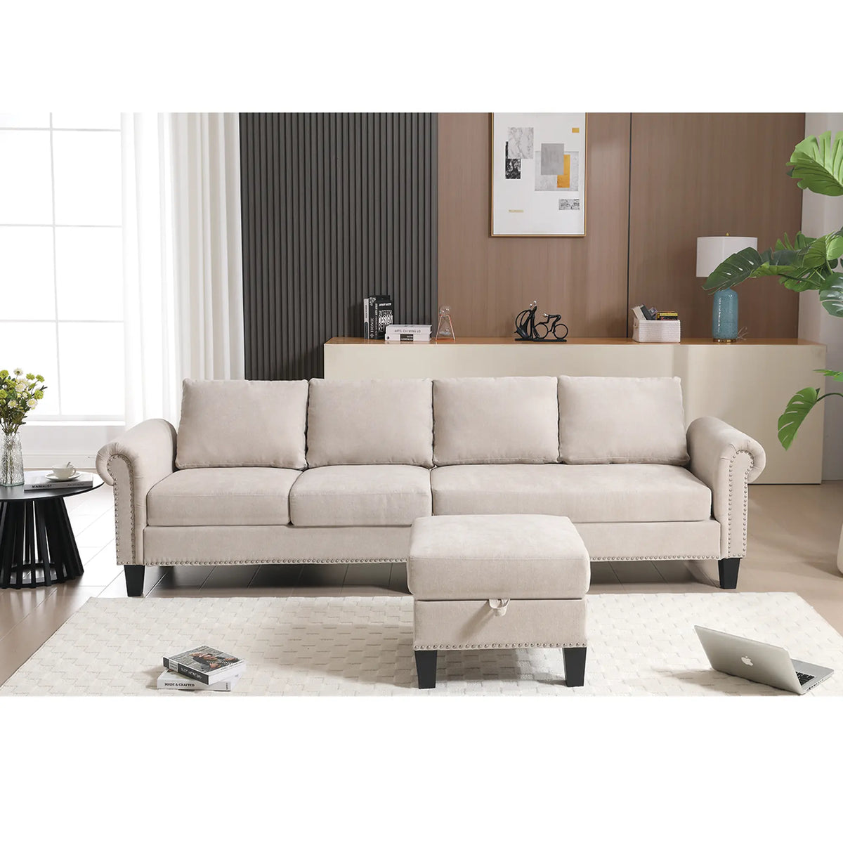 Convertible L-Shaped Sectional Sofa with Storage | 4-Seat Modern Linen Fabric Couch in Beige Next Gen Luxe Solutions