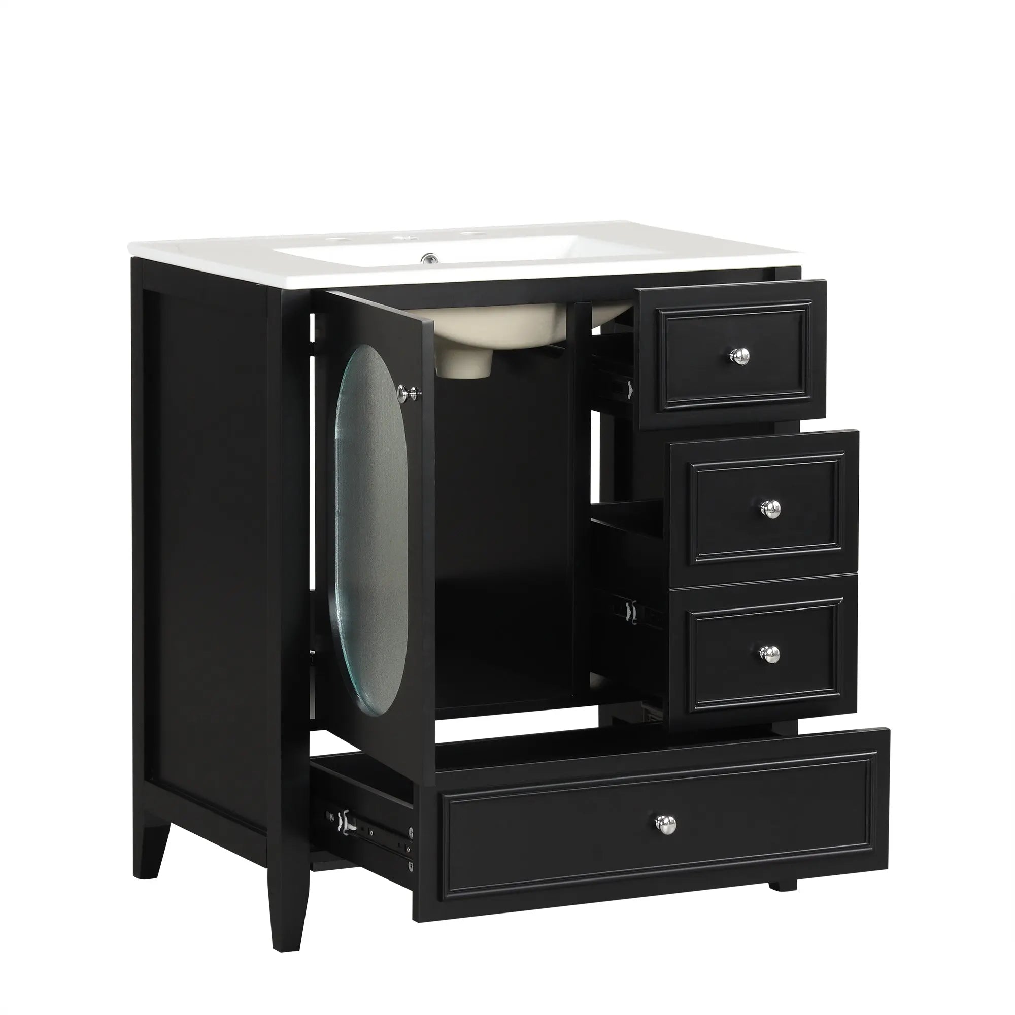 30" Bathroom Vanity with Sink – 3 Drawers, Moru Glass Door, Solid Wood & MDF, Ceramic Sink, Black – Freestanding Next Gen Luxe Solutions