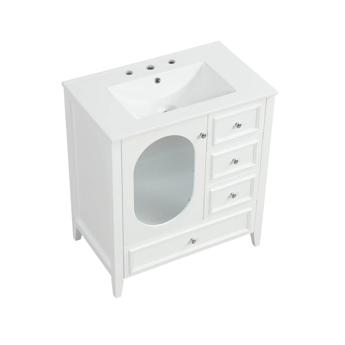 30" Bathroom Vanity with Sink | Solid Wood & MDF, 4 Drawers, Oval Fluted Glass Door, Ceramic Sink, White – Freestanding Next Gen Luxe Solutions