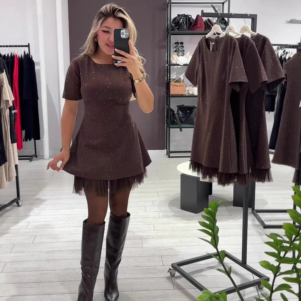 Women's Round Neck Short Sleeve Slim Fit A-Line Mini Dress | High Waist, Solid Color – Brown, Black Next Gen Luxe Solutions