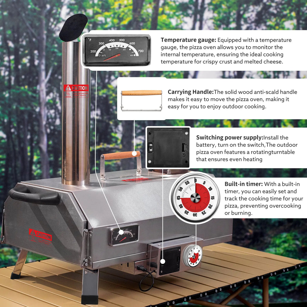 Stainless Steel Pizza Oven Outdoor 12" Automatic Rotatable Pizza Ovens Portable Wood Fired Pizza Oven Pizza Maker with Timer Next Gen Luxe Solutions