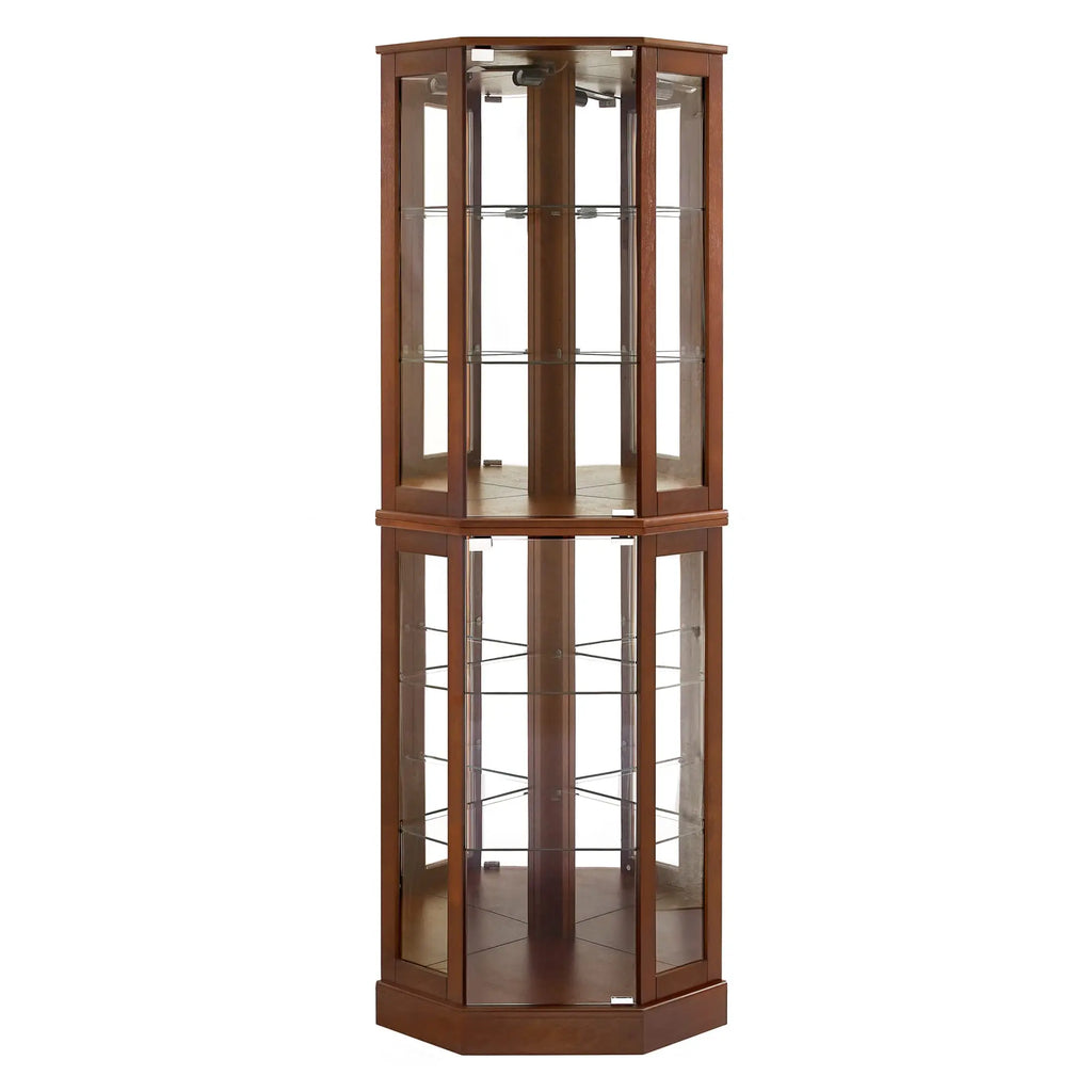 6-Shelf Corner Curio Display Cabinet with Light, Mirror & Adjustable Shelves – Walnut Wood Next Gen Luxe Solutions