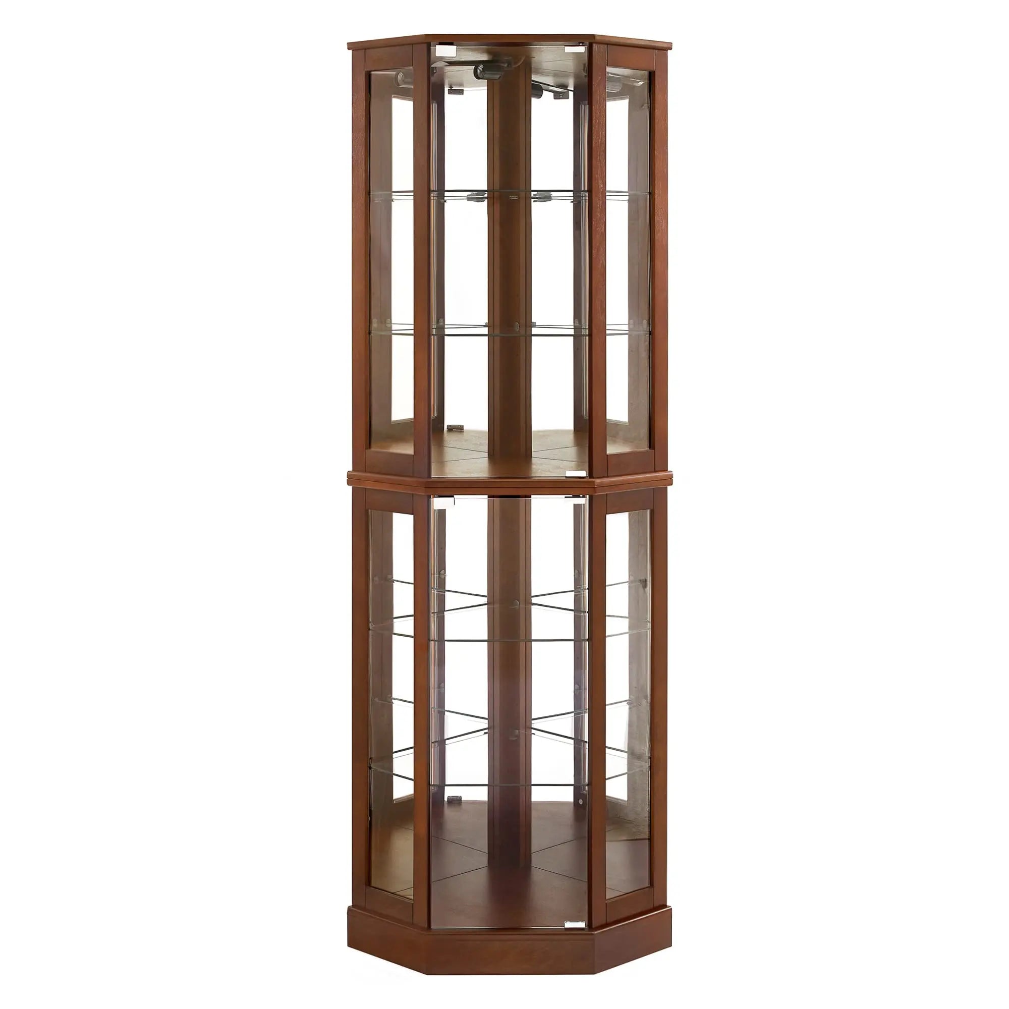 6-Shelf Corner Curio Display Cabinet with Light, Mirror & Adjustable Shelves – Walnut Wood Next Gen Luxe Solutions