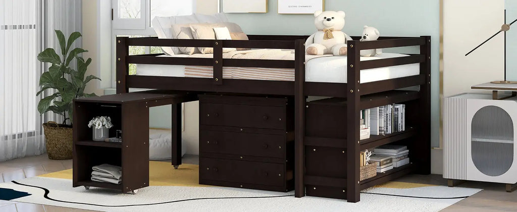 Full Size Low Loft Bed with Rolling Desk, Cabinet, Shelves & Safety Rails | Solid Wood Study Loft Bed – Espresso Next Gen Luxe Solutions