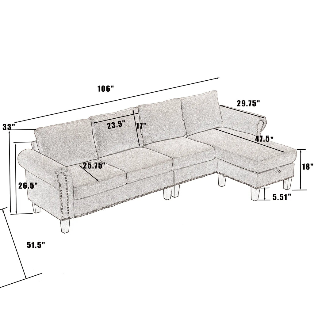 Convertible L-Shaped Sectional Sofa with Storage | 4-Seat Modern Linen Fabric Couch in Gray Next Gen Luxe Solutions