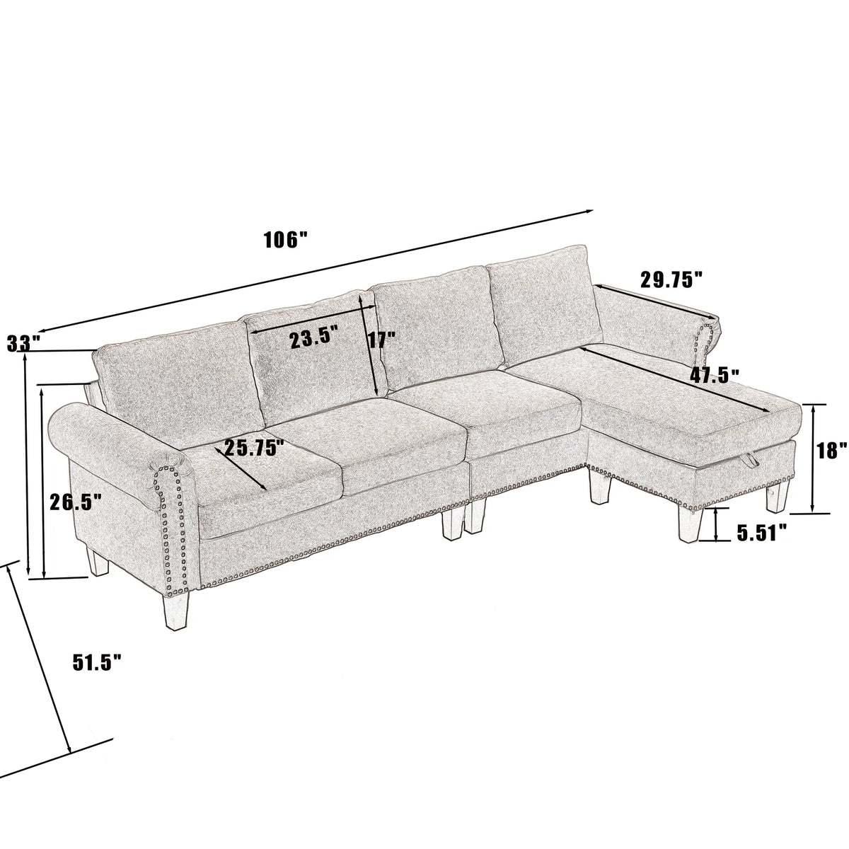 Convertible L-Shaped Sectional Sofa with Storage | 4-Seat Modern Linen Fabric Couch in Gray Next Gen Luxe Solutions