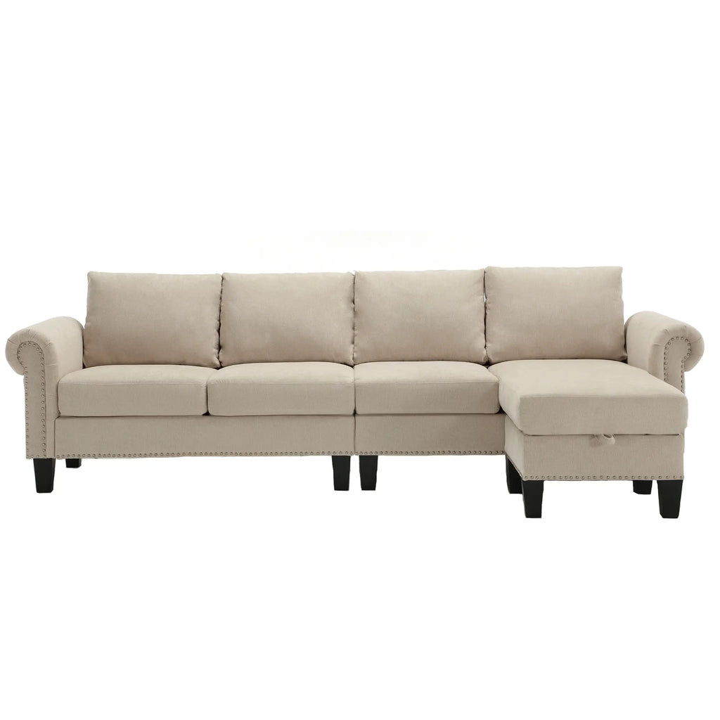 Convertible L-Shaped Sectional Sofa with Storage | 4-Seat Modern Linen Fabric Couch in Beige Next Gen Luxe Solutions