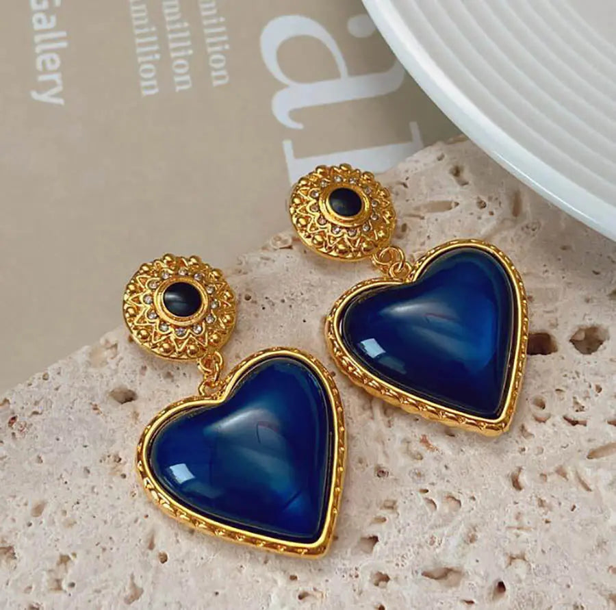 French Retro Blue Heart Gold-Plated Earrings Next Gen Luxe Solutions