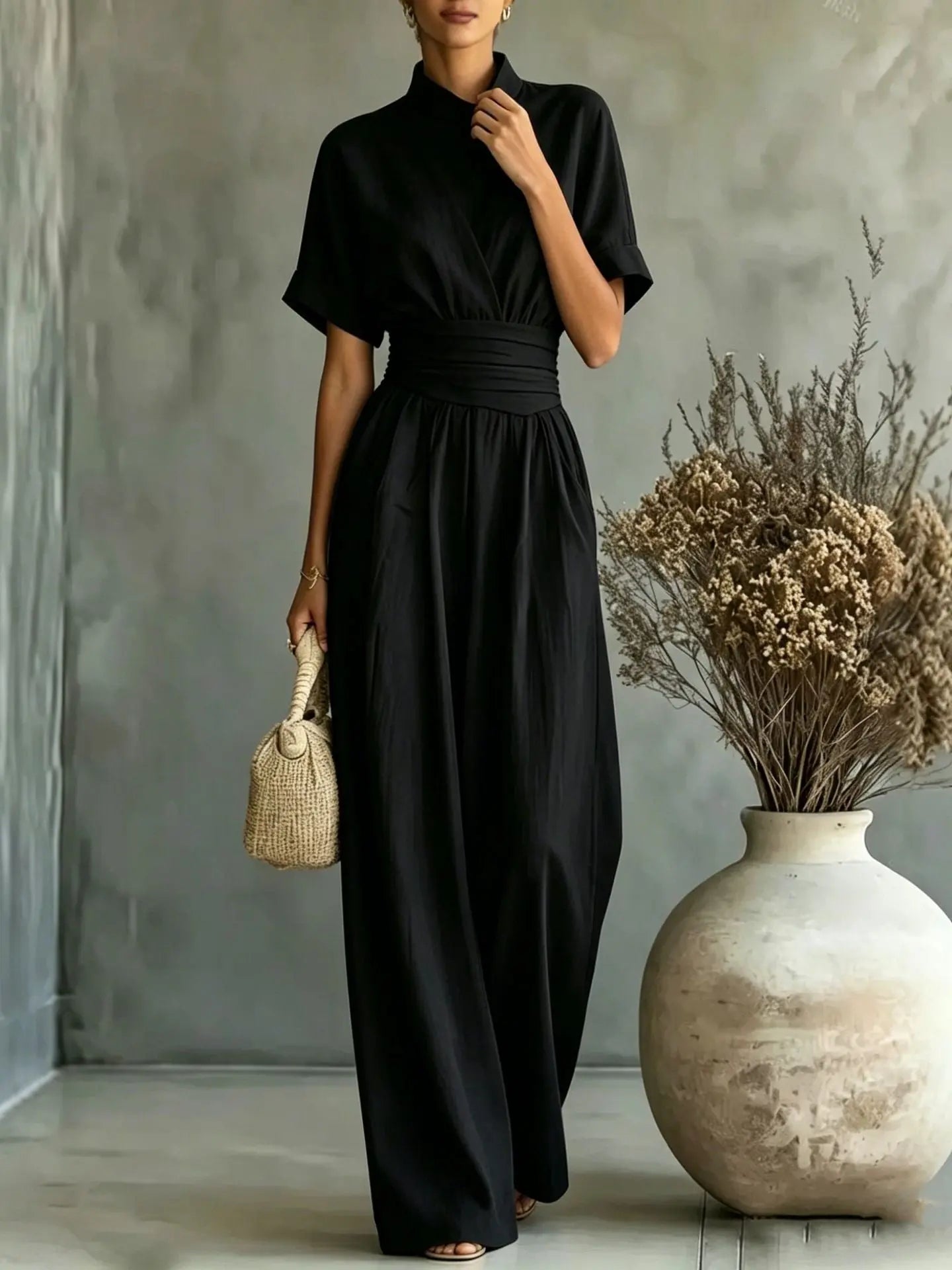 Women's Mock Neck Short Sleeve Wide Leg Jumpsuit | Full Length, Minimalist Solid Color – 5 Colors, S–2XL Next Gen Luxe Solutions