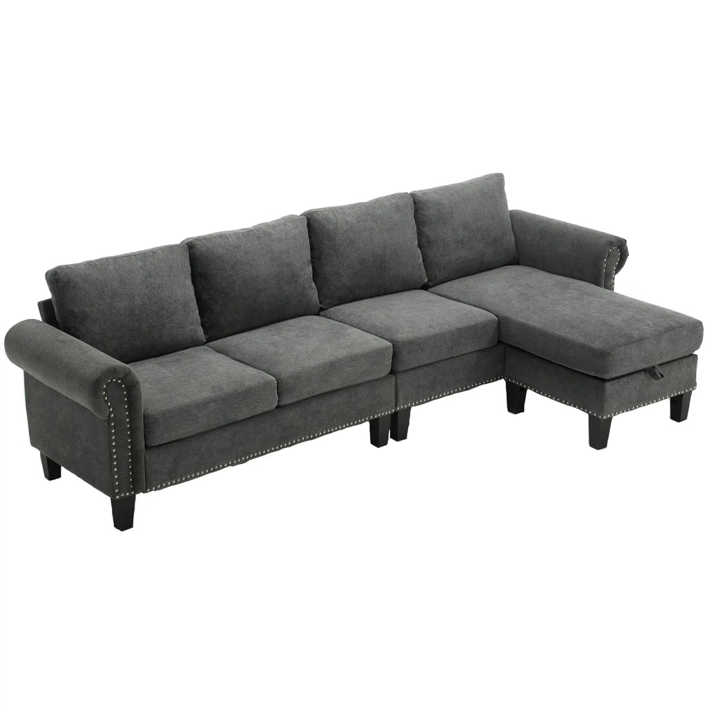 Convertible L-Shaped Sectional Sofa with Storage | 4-Seat Modern Linen Fabric Couch in Gray Next Gen Luxe Solutions
