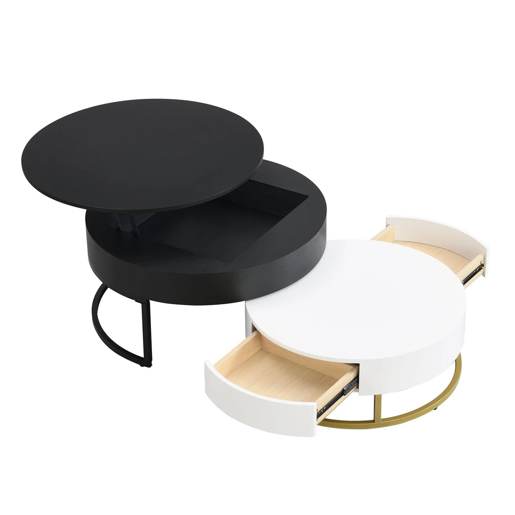 Modern Round Lift-Top Nesting Coffee Tables Set of 2 | Hydraulic Lift, 2 Drawers, Gold Metal Base – White & Black Next Gen Luxe Solutions