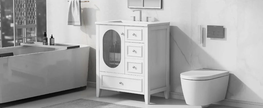 30" Bathroom Vanity with Sink | Solid Wood & MDF, 4 Drawers, Oval Fluted Glass Door, Ceramic Sink, White – Freestanding Next Gen Luxe Solutions
