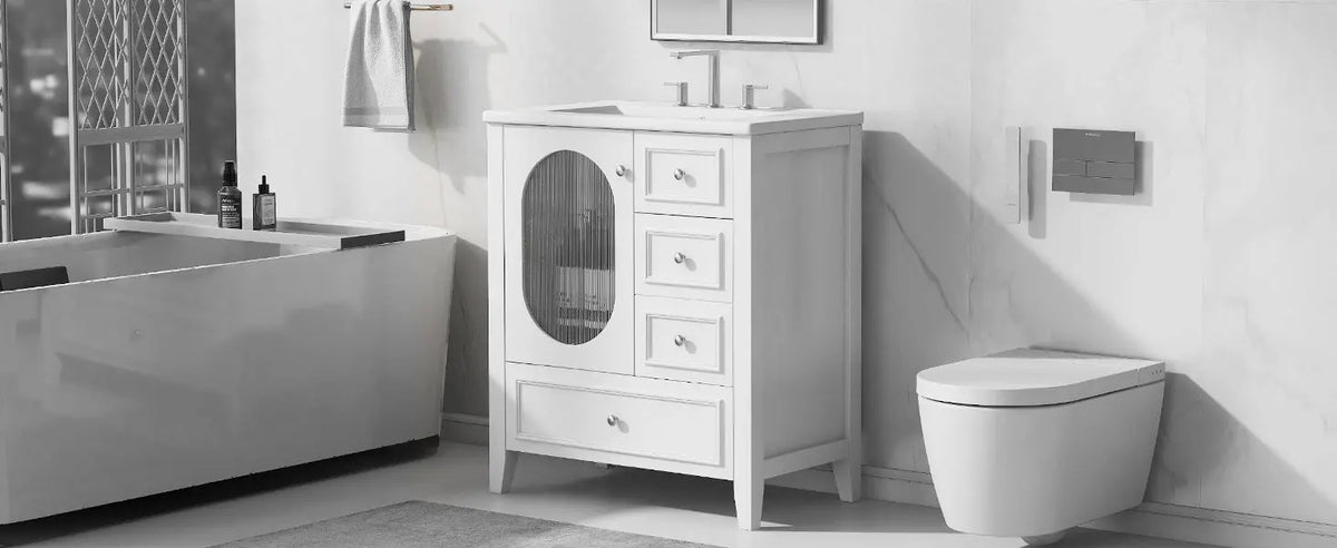 30" Bathroom Vanity with Sink | Solid Wood & MDF, 4 Drawers, Oval Fluted Glass Door, Ceramic Sink, White – Freestanding Next Gen Luxe Solutions