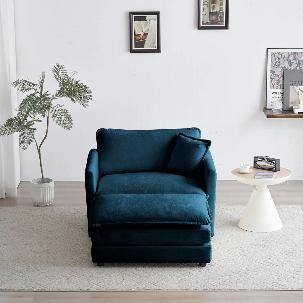 Modern Accent Chair with Ottoman – Blue Chenille Armchair for Living Room & Bedroom Next Gen Luxe Solutions