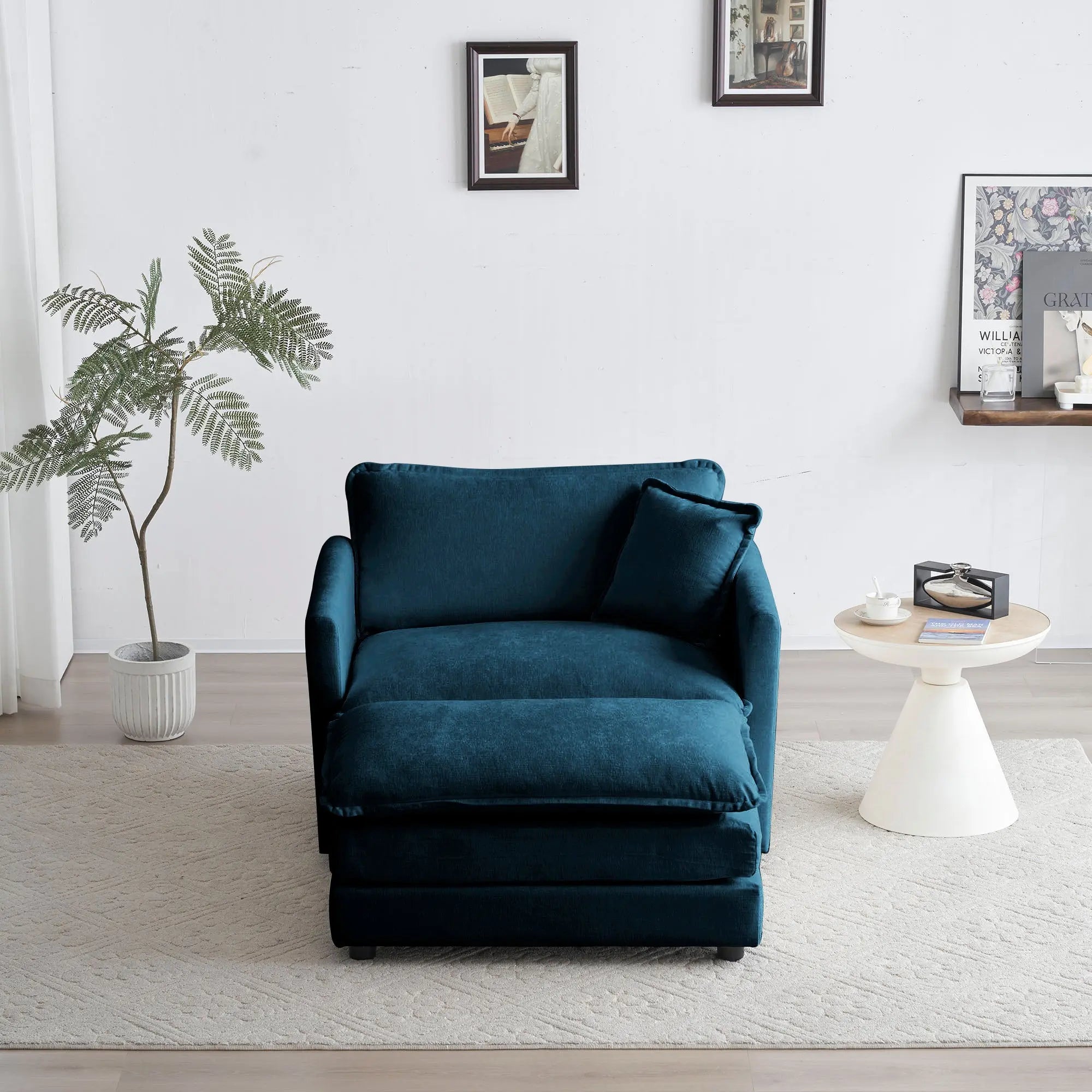Modern Accent Chair with Ottoman – Blue Chenille Armchair for Living Room & Bedroom Next Gen Luxe Solutions