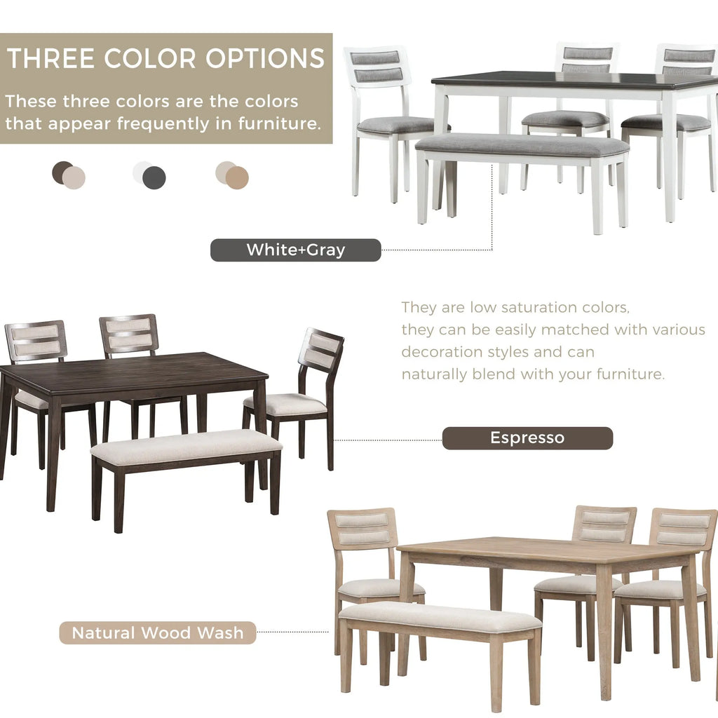 TREXM 6-Piece Classic Dining Set – Table, 4 Upholstered Chairs & Bench (White+Gray) Next Gen Luxe Solutions