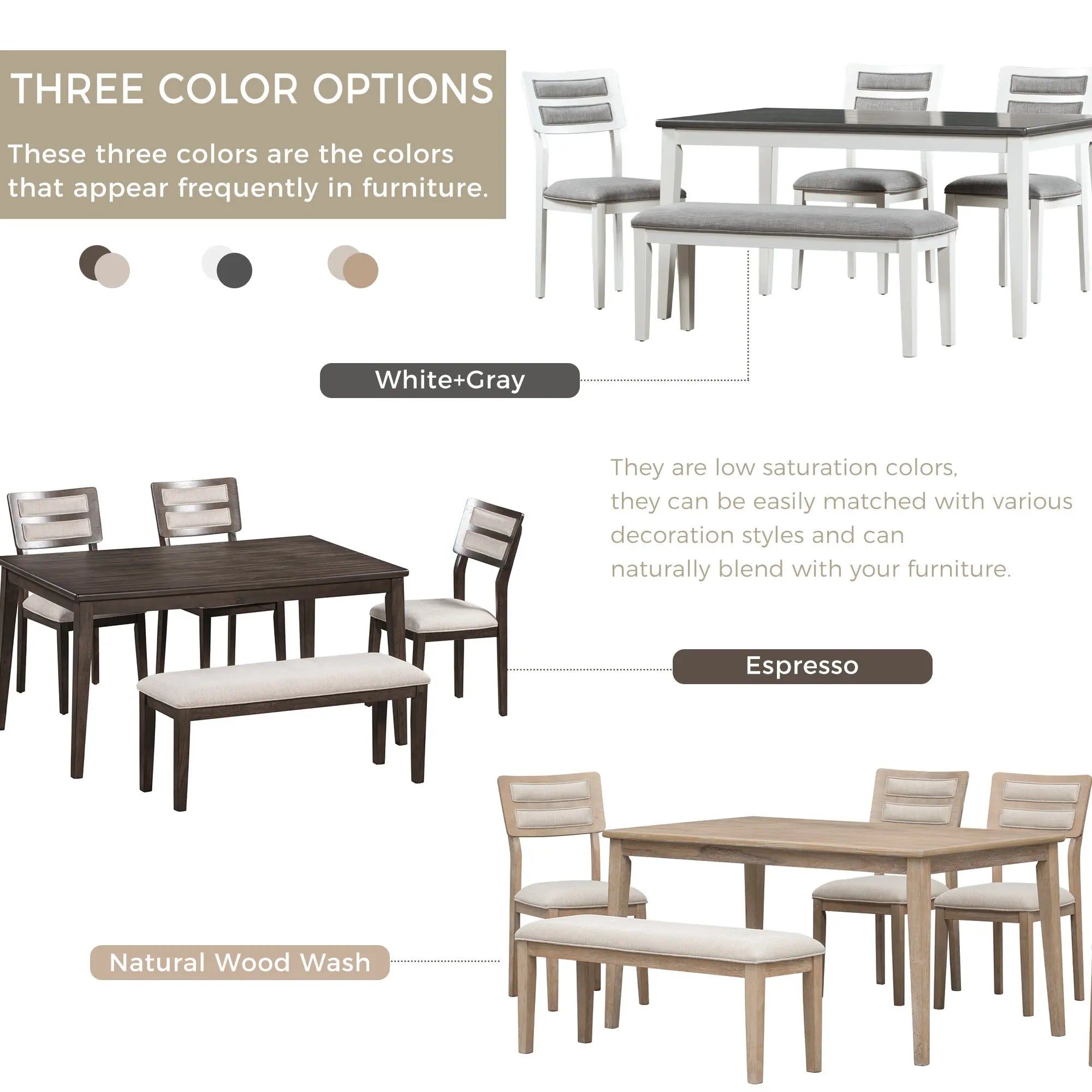TREXM 6-Piece Classic Dining Set – Table, 4 Upholstered Chairs & Bench (White+Gray) Next Gen Luxe Solutions