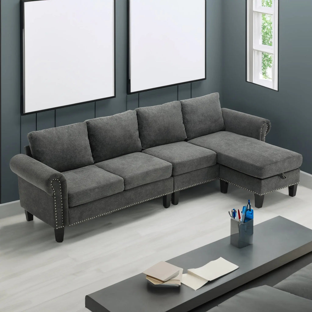 Convertible L-Shaped Sectional Sofa with Storage | 4-Seat Modern Linen Fabric Couch in Gray Next Gen Luxe Solutions
