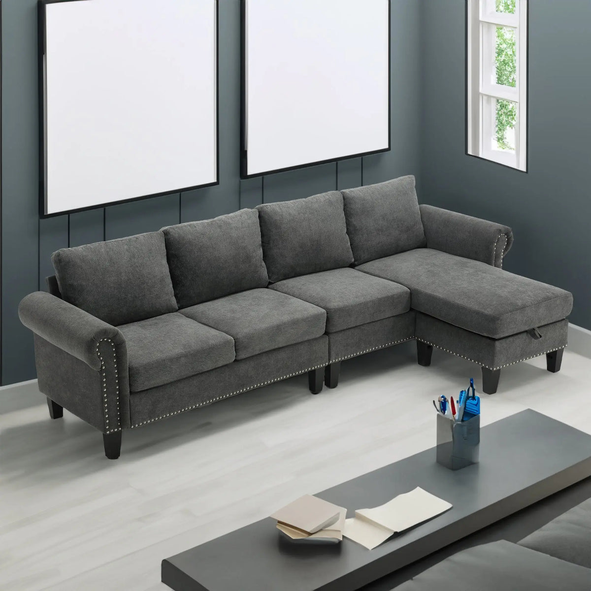 Convertible L-Shaped Sectional Sofa with Storage | 4-Seat Modern Linen Fabric Couch in Gray Next Gen Luxe Solutions