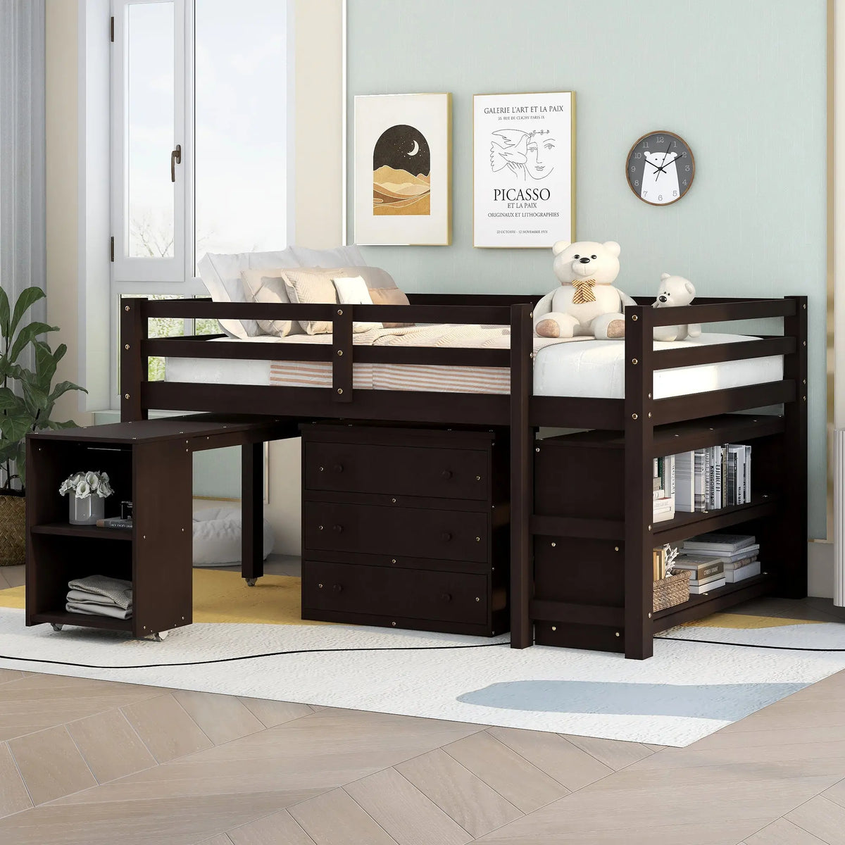Full Size Low Loft Bed with Rolling Desk, Cabinet, Shelves & Safety Rails | Solid Wood Study Loft Bed – Espresso Next Gen Luxe Solutions