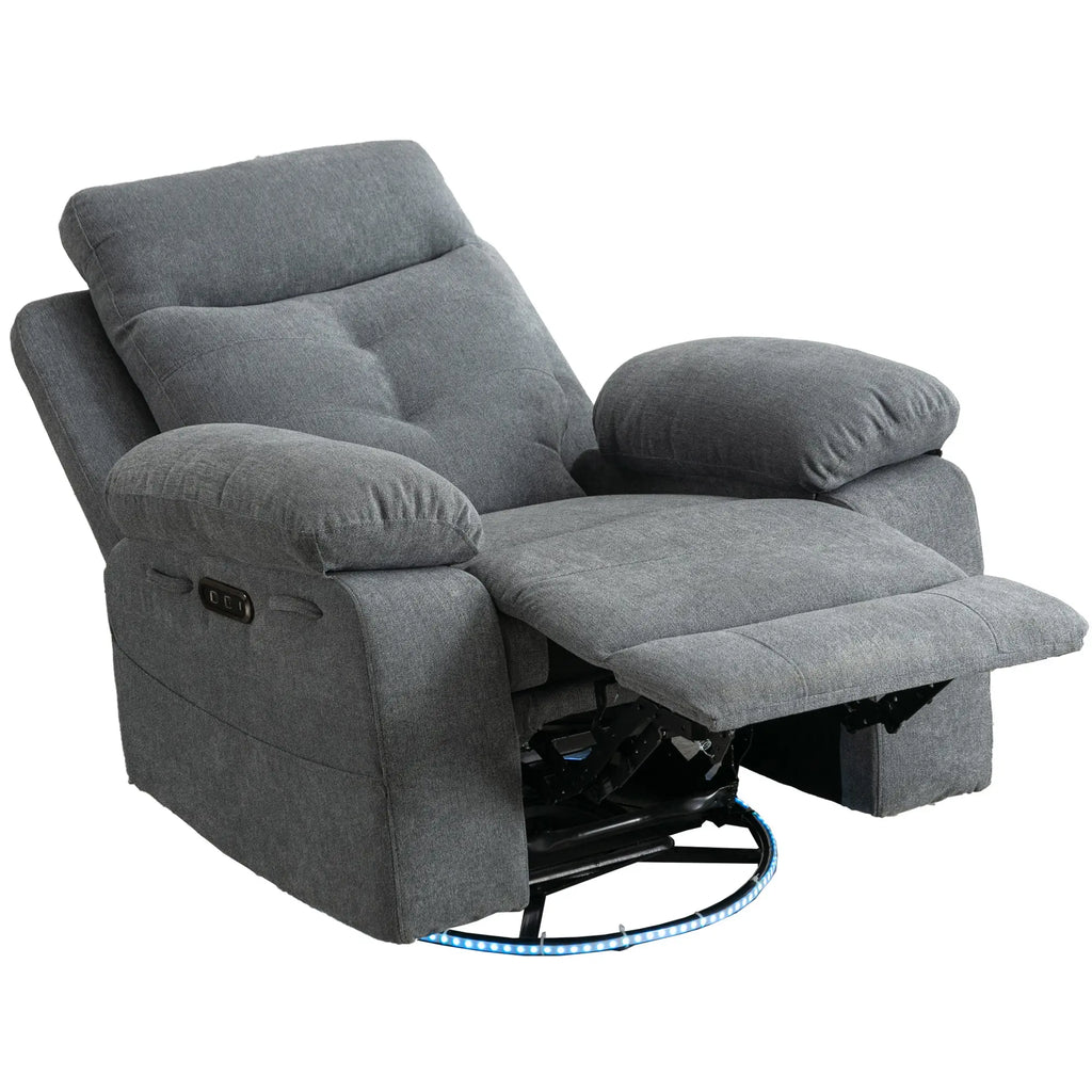 Power Recliner Glider Chair with Bluetooth Speaker | 270° Swivel, LED Light, USB+C Charging, Retractable Footrest, Storage Pockets – Light Grey Linen Next Gen Luxe Solutions