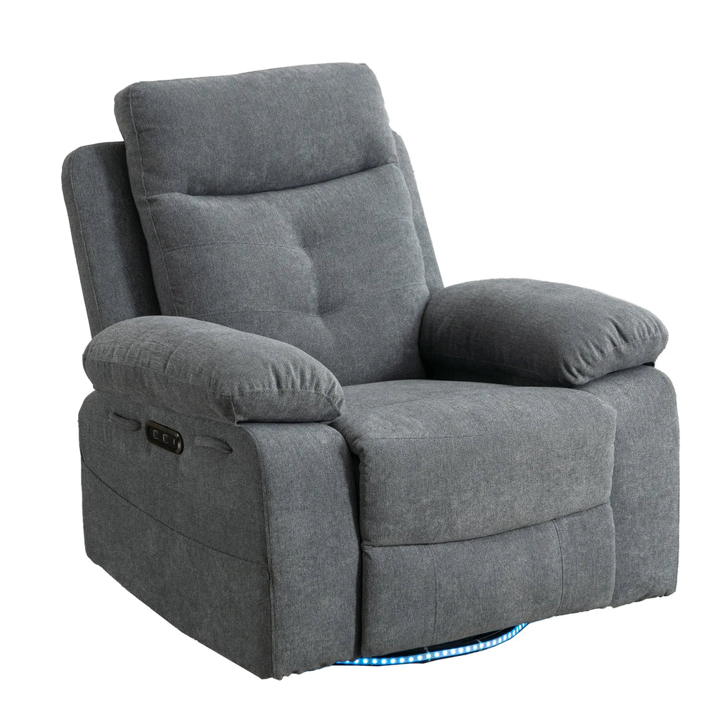 Power Recliner Glider Chair with Bluetooth Speaker | 270° Swivel, LED Light, USB+C Charging, Retractable Footrest, Storage Pockets – Light Grey Linen Next Gen Luxe Solutions