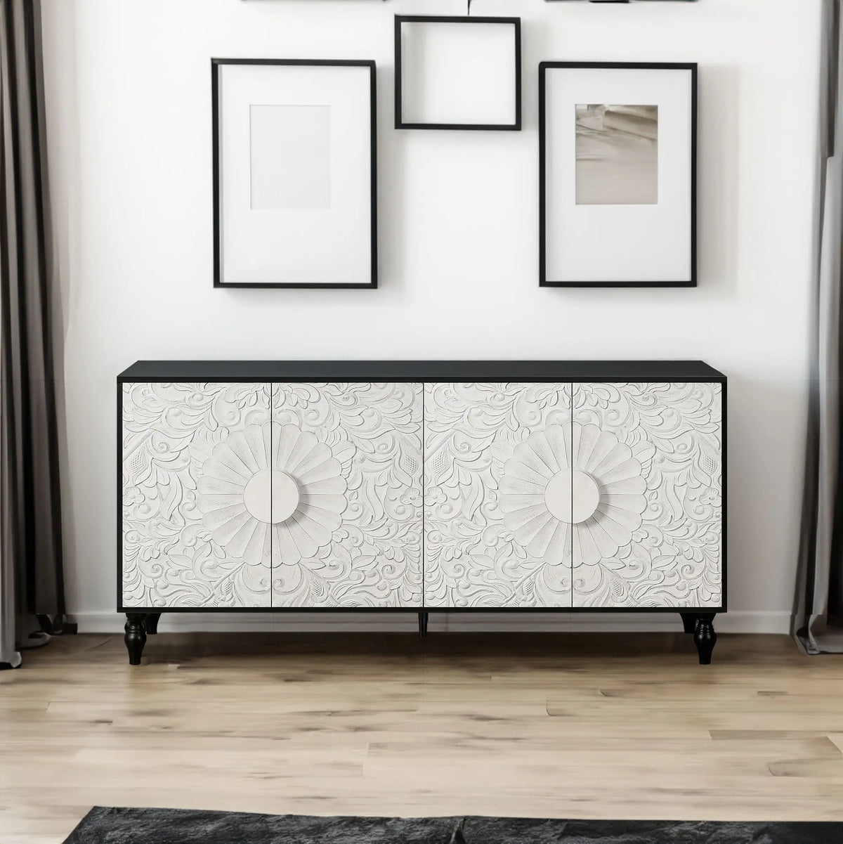 Vintage White Faceted Carved Cabinet – Black Frame TV Stand, Sideboard & Accent Cabinet Next Gen Luxe Solutions