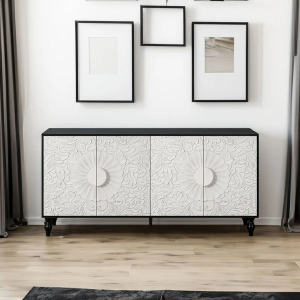Vintage White Faceted Carved Cabinet – Black Frame TV Stand, Sideboard & Accent Cabinet Next Gen Luxe Solutions