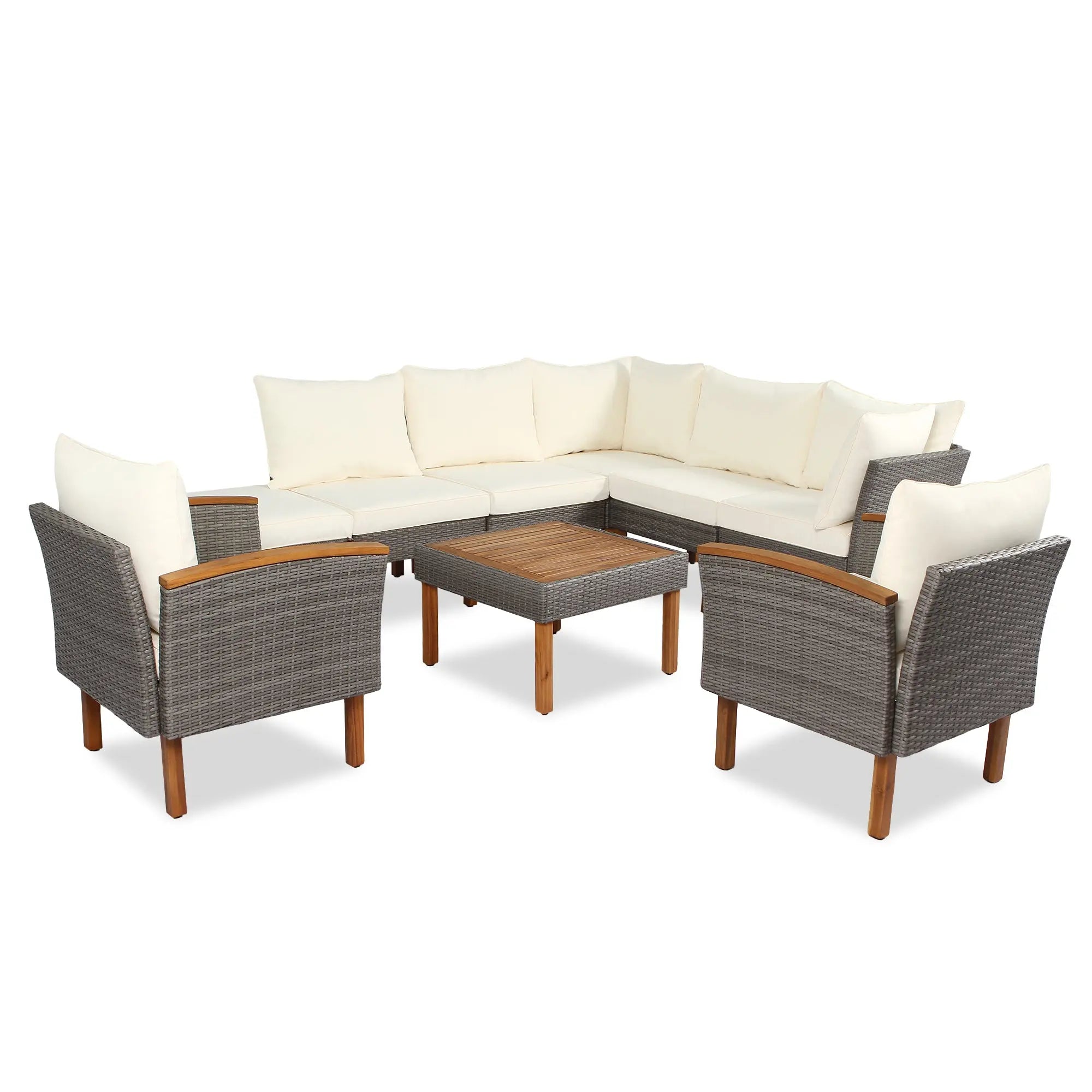 9-Piece Outdoor PE Rattan Patio Furniture Set | Acacia Wood Legs & Tabletop, Sectional Sofa with Coffee Table, Washable Cushions – Beige Next Gen Luxe Solutions