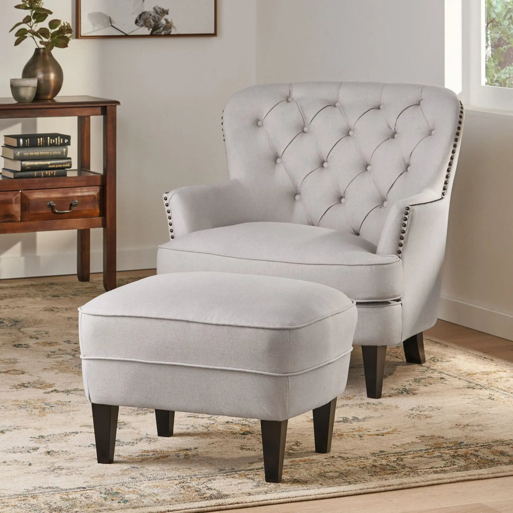 Contemporary Light Gray Fabric Club Chair & Ottoman Set | Upholstered Armchair with Matching Ottoman, 300 lb Capacity – Modern Living Room Next Gen Luxe Solutions