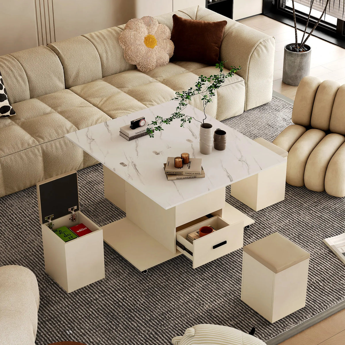 Modern Lift-Top Coffee Table with 4 Chairs, Expandable Storage – Hidden Compartment & 2 Drawers Next Gen Luxe Solutions