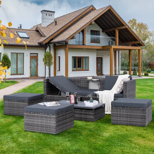 5-Piece Outdoor PE Wicker Patio Furniture Set | Sofa, 3 Ottomans & Lift-Top Coffee Table Next Gen Luxe Solutions