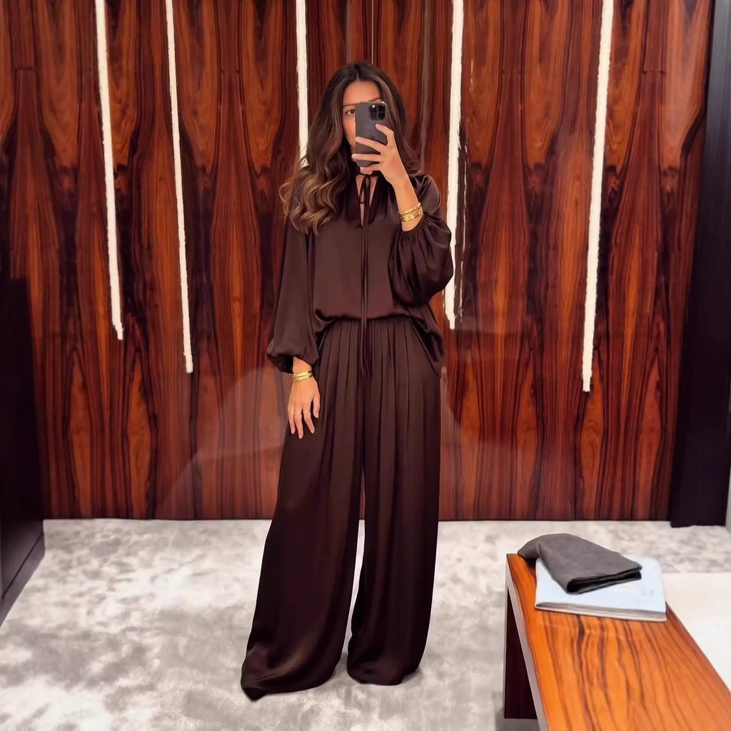 Women's V-Neck Lace-Up Top & Loose Pants Set | Long Sleeve 2-Piece Outfit – Brown, Black, Light Khaki, S–XXL Next Gen Luxe Solutions