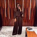 Women's V-Neck Lace-Up Top & Loose Pants Set | Long Sleeve 2-Piece Outfit – Brown, Black, Light Khaki, S–XXL Next Gen Luxe Solutions