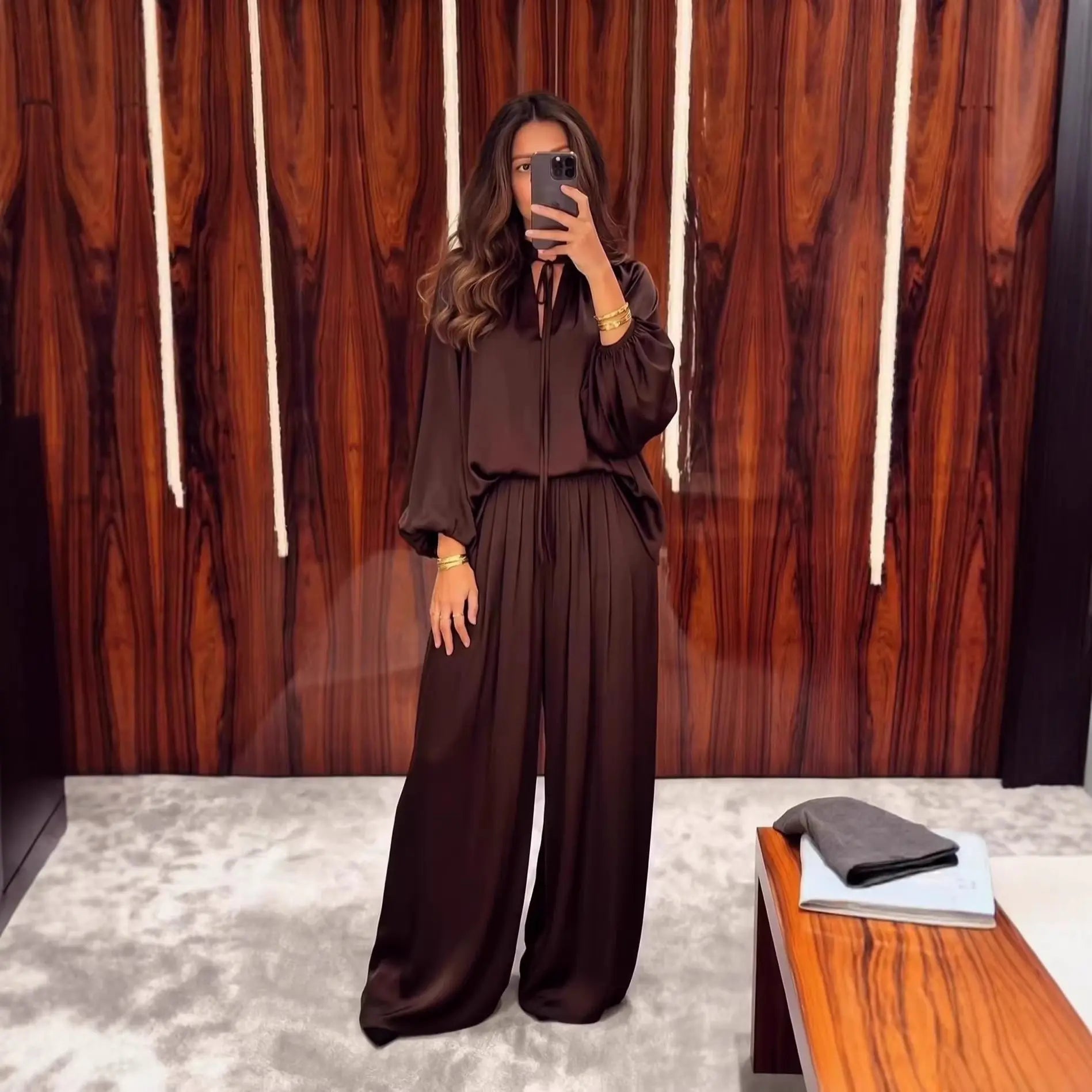 Women's V-Neck Lace-Up Top & Loose Pants Set | Long Sleeve 2-Piece Outfit – Brown, Black, Light Khaki, S–XXL Next Gen Luxe Solutions