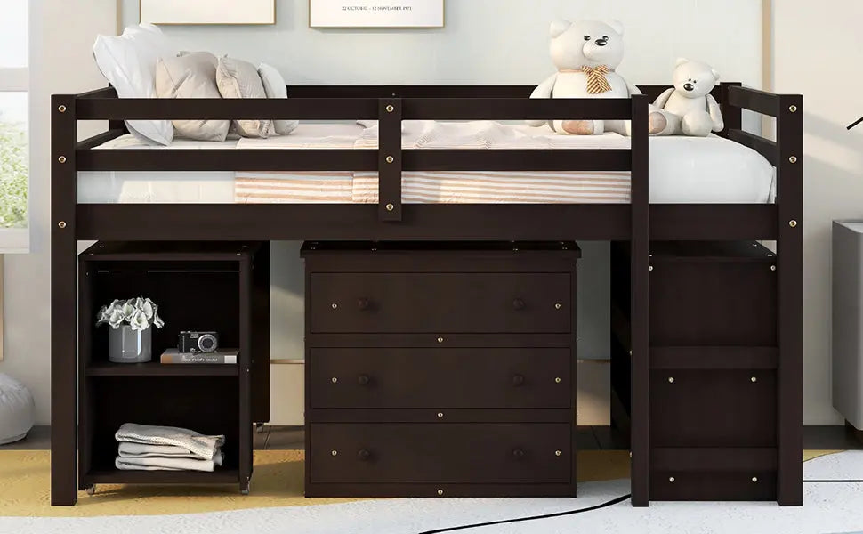 Full Size Low Loft Bed with Rolling Desk, Cabinet, Shelves & Safety Rails | Solid Wood Study Loft Bed – Espresso Next Gen Luxe Solutions