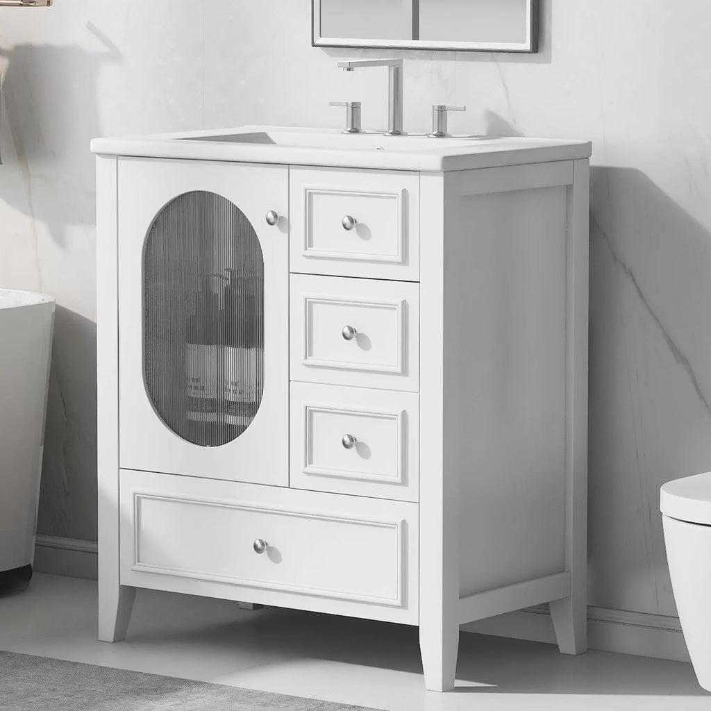 30" Bathroom Vanity with Sink | Solid Wood & MDF, 4 Drawers, Oval Fluted Glass Door, Ceramic Sink, White – Freestanding Next Gen Luxe Solutions