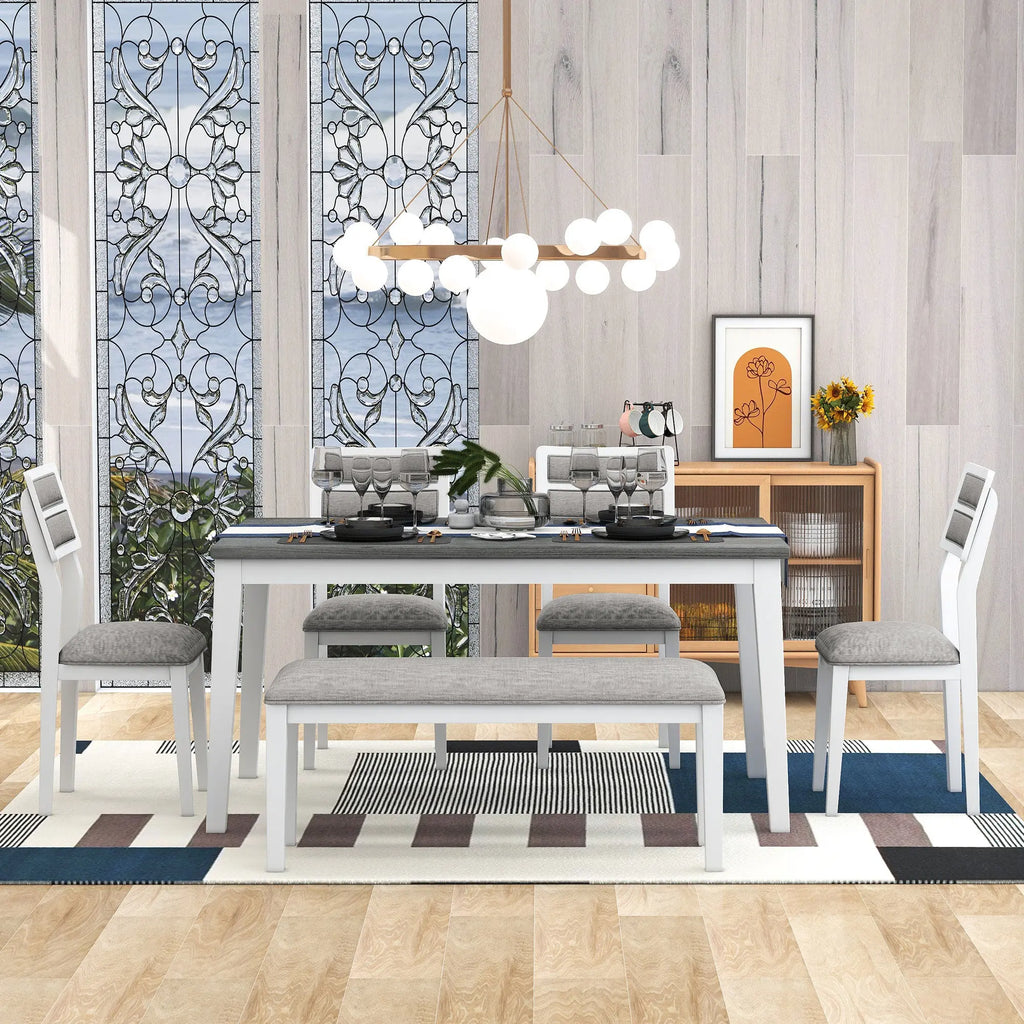 TREXM 6-Piece Classic Dining Set – Table, 4 Upholstered Chairs & Bench (White+Gray) Next Gen Luxe Solutions