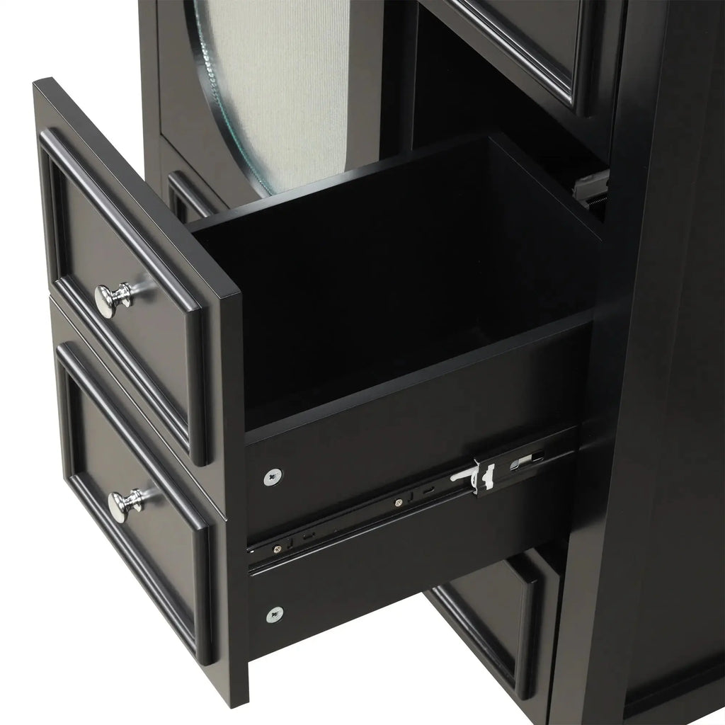 30" Bathroom Vanity with Sink – 3 Drawers, Moru Glass Door, Solid Wood & MDF, Ceramic Sink, Black – Freestanding Next Gen Luxe Solutions