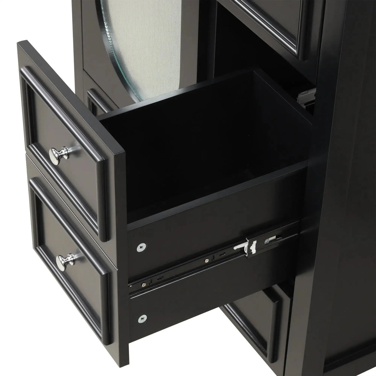 30" Bathroom Vanity with Sink – 3 Drawers, Moru Glass Door, Solid Wood & MDF, Ceramic Sink, Black – Freestanding Next Gen Luxe Solutions