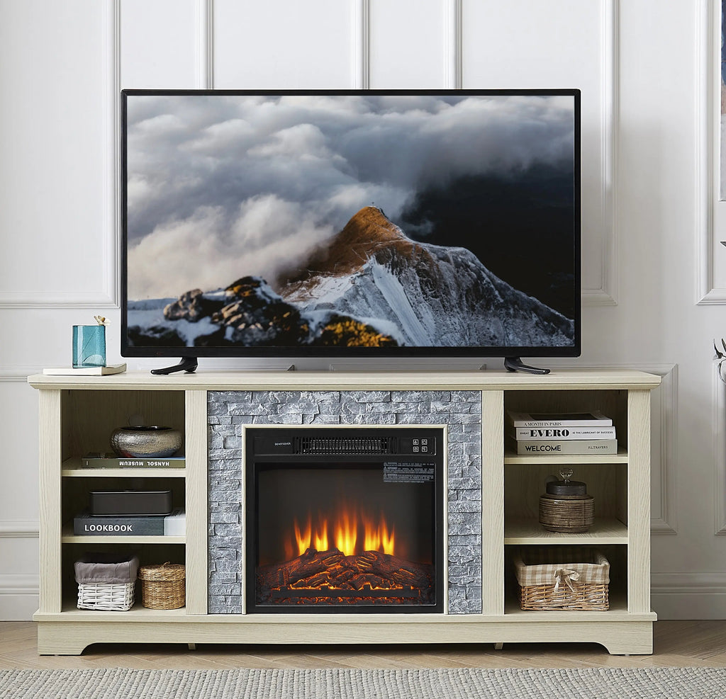 Mantel Electric Fireplace TV Stand – Stone Media Console with 18" Fireplace Insert & Open Storage (White) Next Gen Luxe Solutions