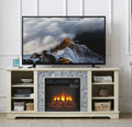 Mantel Electric Fireplace TV Stand – Stone Media Console with 18" Fireplace Insert & Open Storage (White) Next Gen Luxe Solutions